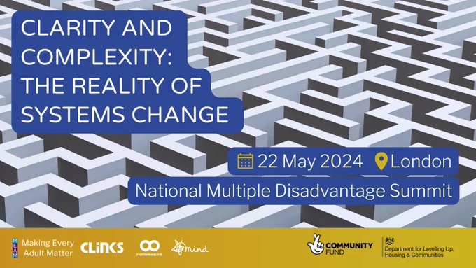 Promotional graphic that reads: Clarity and complexity: the reality of systems change. 22 May 2024, London. National Multiple Disadvantage Summit. Hosted by MEAM and supported by the National Lottery Community Fund and the Department for Levelling Up, Housing and Communities.