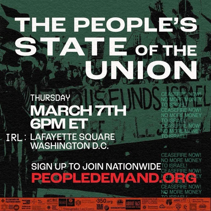The People's State of the Union details for Thursday, March 7th at 6PM ET at Lafayette Square in Washington D.C.