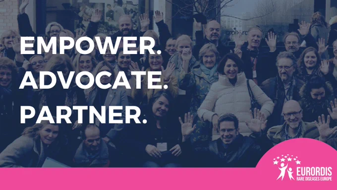 A photo taken of the European Patient Advocates (ePAGs) shortly before the launch the ERNs. The words "Empower. Advocate. Partner." are written over the top.