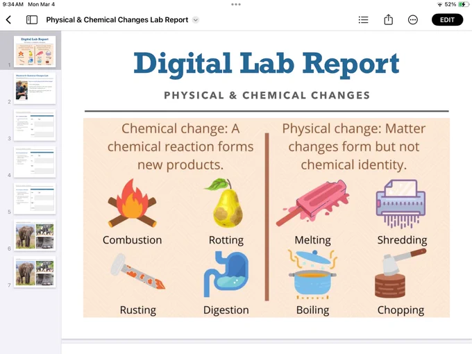 A screenshot of the digital lab report shared with students. The first page shows some visual examples of physical and chemical changes.