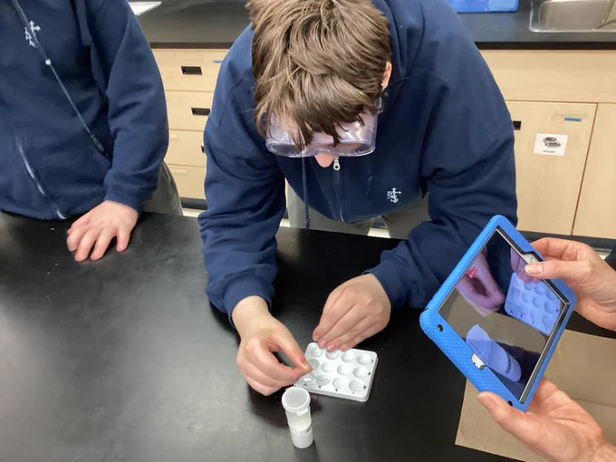 A student using a toothpick to stir a mixture in a spotwell while another student records the results using an iPad mini.