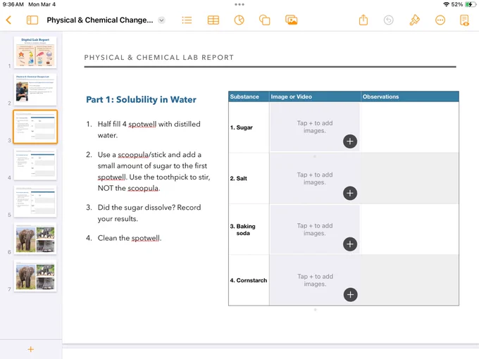 Another screenshot of the digital lab report that shows the instructions on the left hand side and a table with spaces to include video and speech-to-text observations.