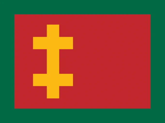 Green bordered red field with yellow double cross of Jogaila family in the canton. End alt text.