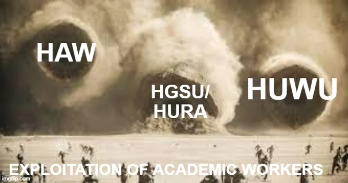  A still image from Dune: Part 2 of 3 big worms attacking an army.  The left worm says "HAW" over it, the middle worm says "HGSU/HURA" and the right worm says "HUWU."  At the bottom over the army it says "Explotiation of academic workers"