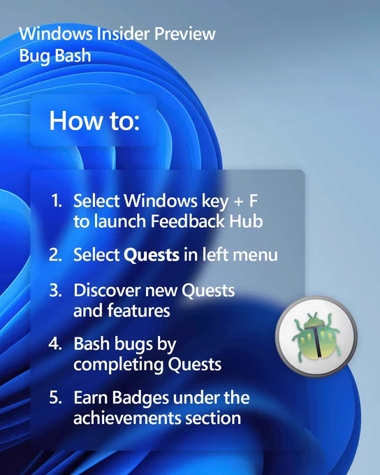 Blue swirling background with text overlay explaining steps to participate in Bug Bash