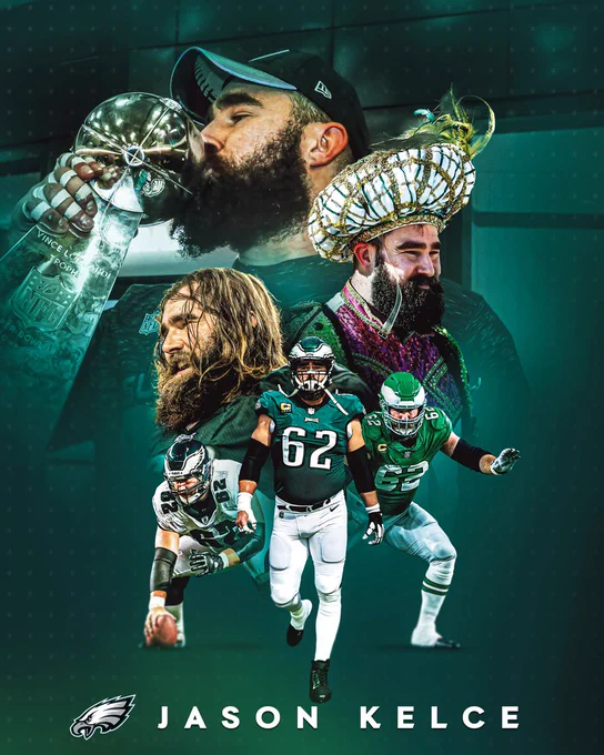 Graphic to announce the retirement of Eagles center Jason Kelce. 

The graphic includes a Superbowl image in the background with cutouts of Jason from different years throughout his career along with his name at the bottom.

Congratulations Jason Kelce on an incredible career!