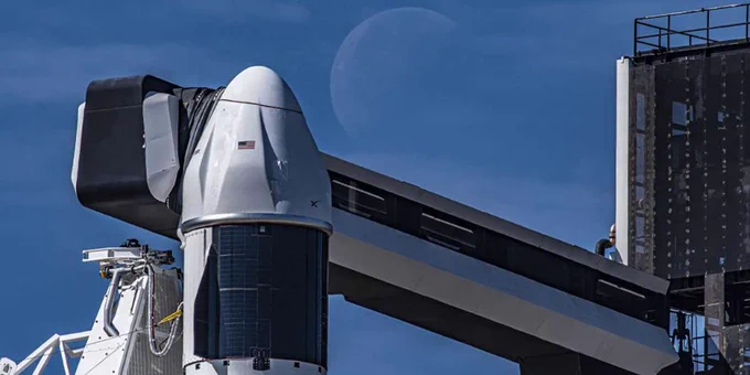 The SpaceX Dragon spacecraft atop the company’s Falcon 9 rocket in the vertical position at NASA’s Kennedy Space Center in Florida in March 2023