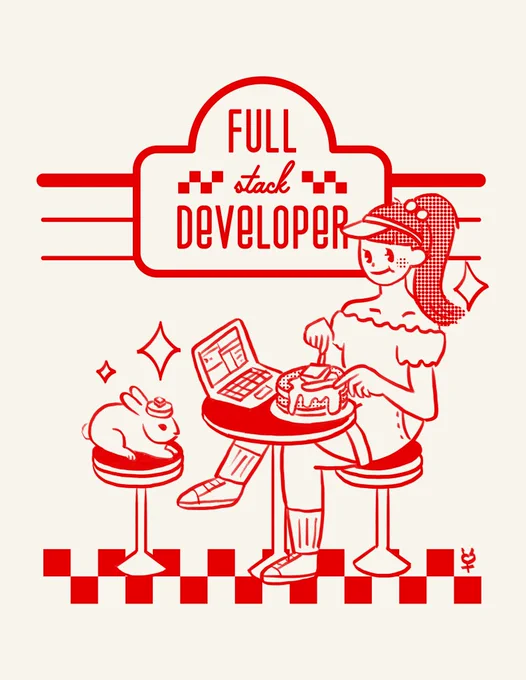 drawing of feminine perosn eating a stack of pancakes while sitting on a diner seat. the seat across from her features oolong the rabbit, with a stack of pancakes on his head. the text at the top, in a diner font, says “full stack developer”