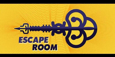 An image of an intricately designed key on an elaborate yellow pattern. The words "ESCAPE ROOM" are displayed in all caps below it.