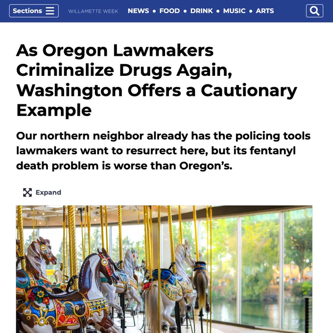 Willamette Week news article
Headline: As Oregon Lawmakers Criminalize Drugs Again, Washington Offers a Cautionary Example
Sub-headline: Our northern neighbor already has the policing tools lawmakers want to resurrect here, but its fentanyl death problem is worse than Oregon’s.
Image: Merry-go-round

