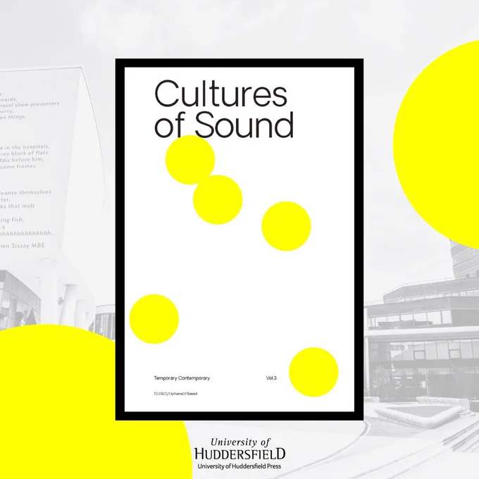 Front cover of 'Cultures of Sound' with a background image of the University of Huddersfield.