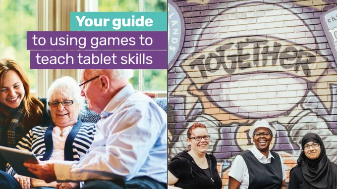 The main photo shows three people looking at a digital tablet device with the wording over the image: 'Your guide to using games to teach tablet skills'. There is a second image, to the right, of three people smiling in front of a wall covered in graffiti that has the word 'Together' in the centre.