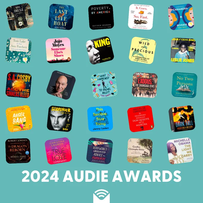A 5x5 grid of audiobook covers with text: 2024 Audie Awards