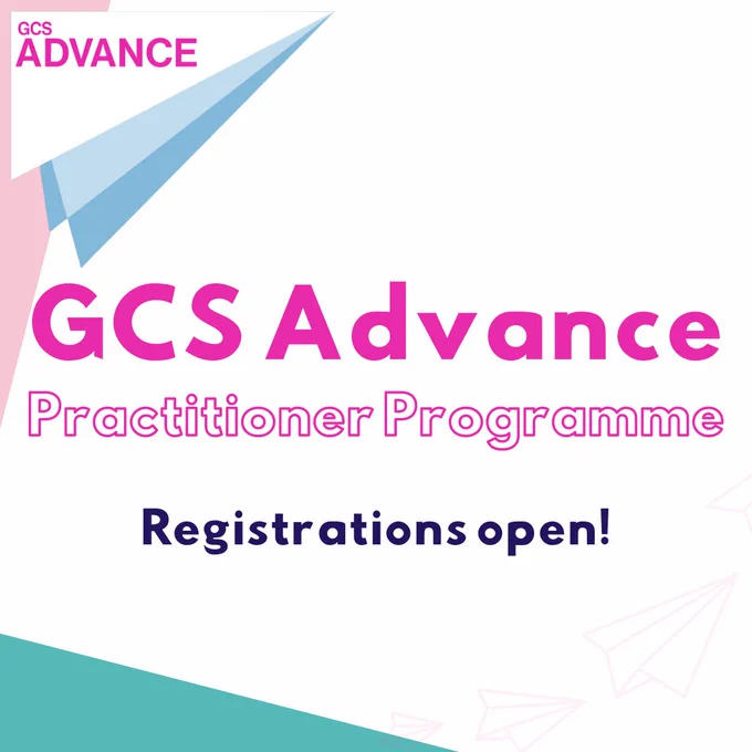 A paper plane is in the top left corner with pink text on top that says: GCS Advance. 
In the middle, bright pink text reads: GCS Advance, Practitioner Programme, Registrations open! 