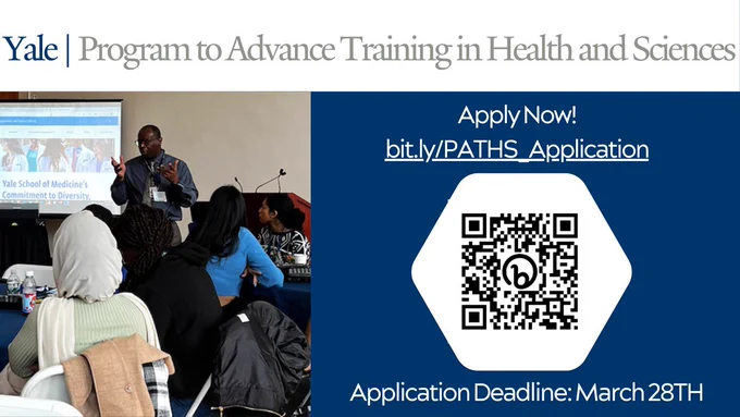 Image of Yale School of Medicine's Dean Latimore presenting to the PATHS 2021 cohort, next to a screen that sayd Yale School of Medicine's Commitmetn to Diversity. A QR code for the PATHS application along with link the PATHS website. bit.ly/PATHS_Application. Text says: Yale Program to Advance Training in Heath and Sciences. Appy Now! Application deadline March 28th.