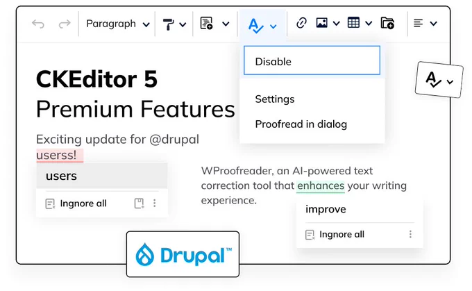 CKEditor 5 Premium Featuresin Drupal including WProofreader