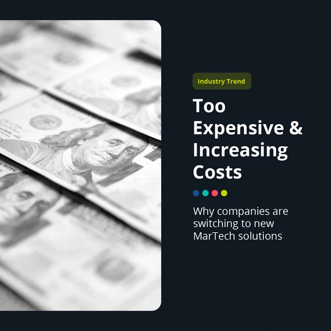 Hundred Dollar bills with text: "Too expensive and increasing costs: why companies are switching martech solutions."