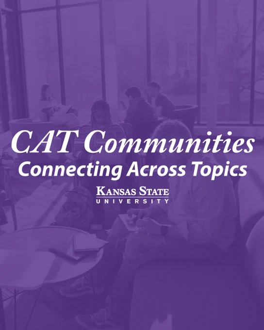 Purple overlay graphic with a photo of people studying. Graphic says "CAT Communities Connecting Across Topics" 