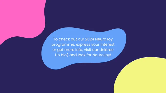 White text on top of a blue blob reads: "To receive more info on NeuroJoy or to register your interest, follow our link in bio & look for NeuroJoy!" 