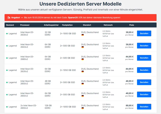 20% Rabatt auf alle Verfügbaren Dedizierten Server