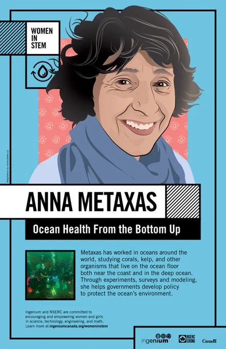 IMAGE: Poster image (drawing) on a bright blue background with text at the bottom.  Portrait of Anna Metaxa - Ocean Health From the Bottom Up.