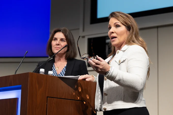 Tara Frenkl (left) and MaryLisabeth Rich speak at the 2024 CEO Roundtable on Cancer Partnership Summit. 
