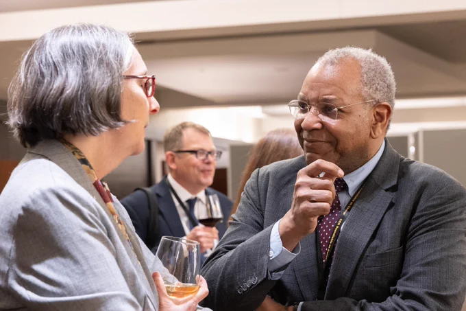 Kimryn Rathmell (left) and Otis Brawley talking at the 2024 CEO Roundtable on Cancer Partnership Summit. 