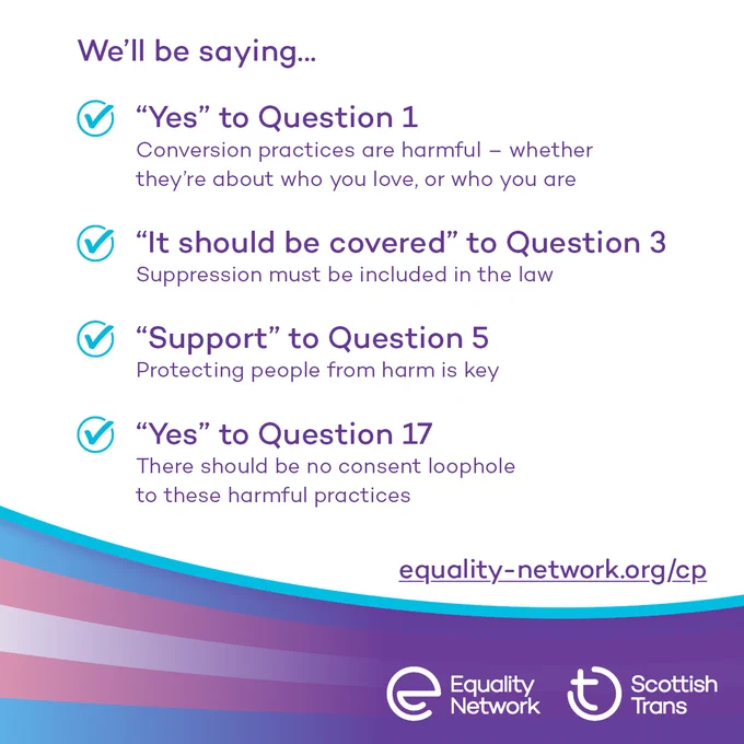 Text graphic that reads "We'll be saying.... Yes to question 1, conversion practices are harmful - whether they're about who you love, or who you are. "It should be covered" to question 3, Suppression must be included in the law. "Support" to Question 5 Protecting people from harm is key. "Yes" to Question 17, there should be no consent loophole for these harmful practices." Below is a link to the website equality-network.org/cp