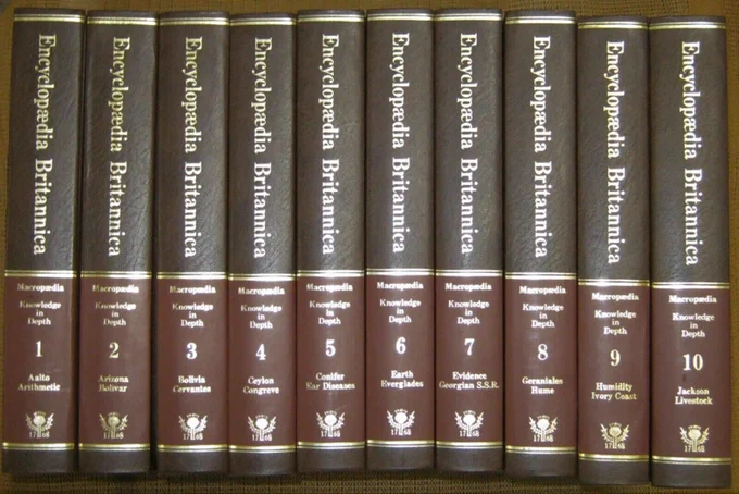 Encyclopedia Britannica volumes on a shelf
