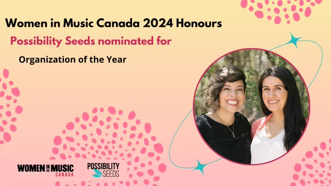 Soft hues of peach, pink, and yellow with clusters of pink dots around the borders. Text in black and pink says “Women in Music Canada 2024 Honours Possibility Seeds nominated for Organization of the Year”. A pink bordered circle to the right contains an image of Anoodth Naushan and Farrah Khan smiling, with 2 teal stars orbiting around them. Women in Music Canada logo and Possibility Seeds logo in the bottom left corner.