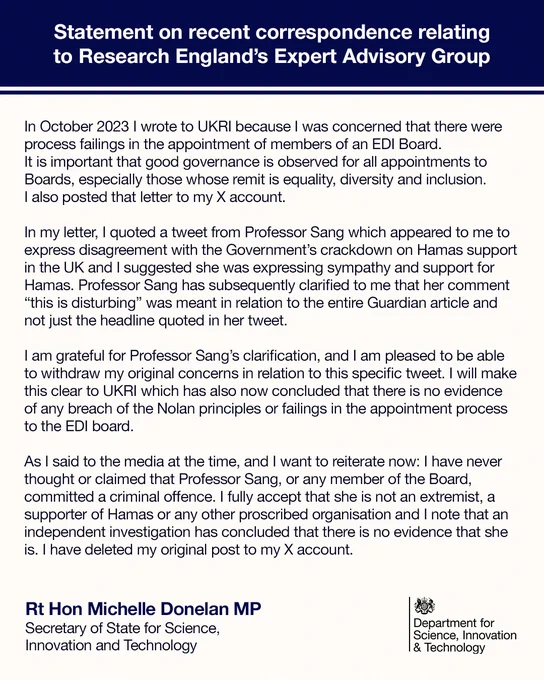 Graphic with a banner across the top that reads: Statement on recent correspondence relating to Research England’s Expert Advisory Group

Followed by a statement from Michelle Donelan, Secretary of State for Science, Innovation and Technology and the department's logo bottom right.