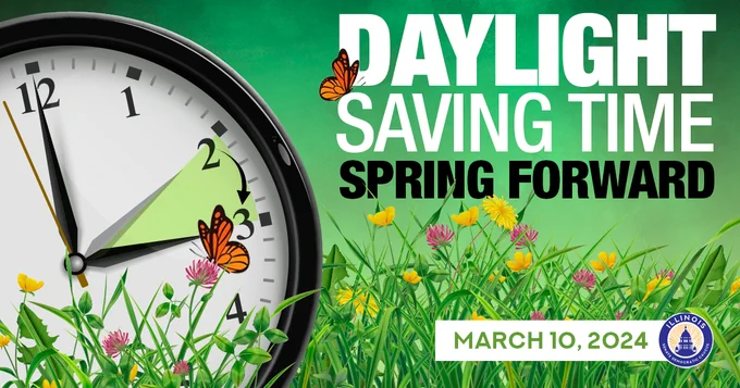 Daylight Saving Time. Spring forward. March 10, 2024.