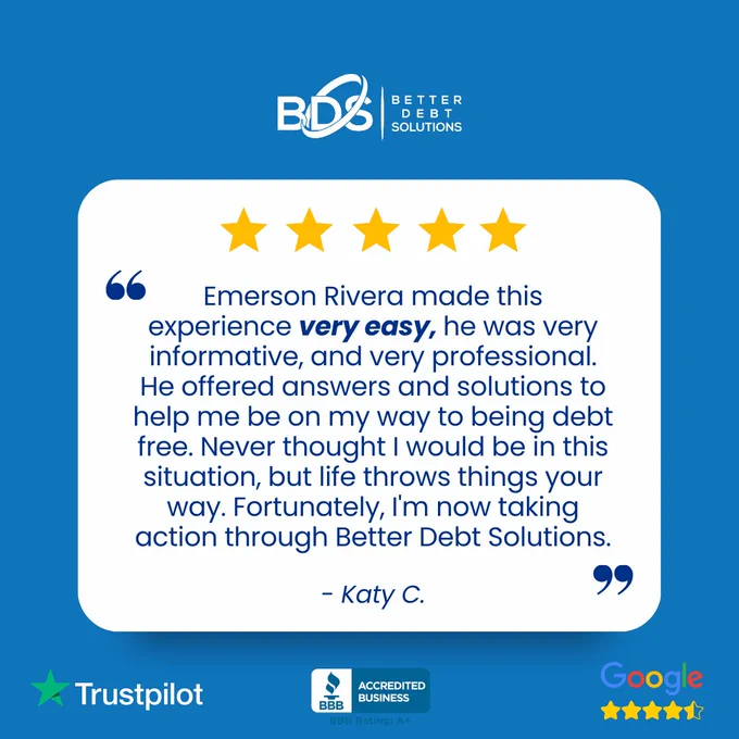 Katy's journey to debt freedom started with us, and it's been a smooth ride thanks to Emerson Rivera's expertise! 🌟 Here's to empowering more journeys towards financial liberation! 🛤️ 🙌 

#DebtFreeSuccess #ClientPraise #ClientSuccess #BetterDebtSolutions #BetterByDesign