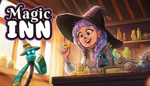 Logo for Magic Inn which features a witch behind a desk counting coin with the text Magic Inn in the top left. 