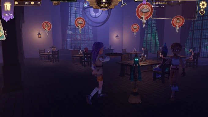 Screenshot of Magic Inn game. Showcasing the inn hall and a live look at the game featuring different tables and their needs 