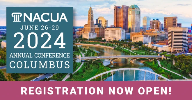 Image of Columbus, OH. Text is overlaid on image reading: NACUA, June 26-29, 2024. Annual Conference Columbus. Registration now open! 