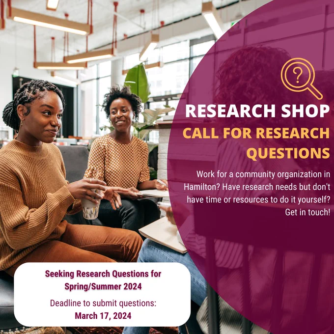 Work for a community organization in Hamilton? Have research needs but don't have time or resources to do it yourself? Get in touch!