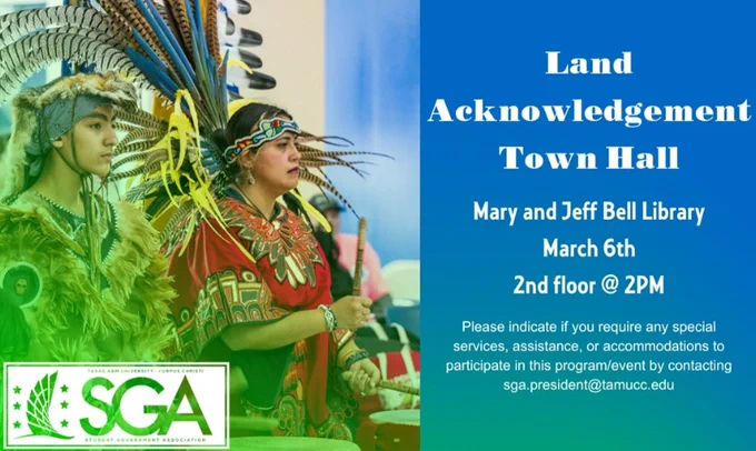 Land Acknowledgement Town Hall, Mary and Jeff Bell Library, March 6, 2nd floor at 2pm. 