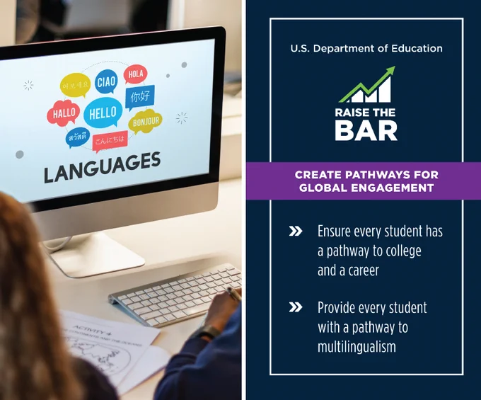 US Department of Education - Raise the Bar: Create Pathways for Global Engagement

- Ensure every student has a pathway to college and a career
- Provide every student with a pathway to multilingualism