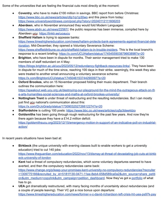 universities with redundancies and voluntary severance schemes: coventry, aberdeen, sheffield hallam, brighton, oxford brookes, nottingham trent, staffordshire, goldsmiths

bad vibes in recent years: birkbeck, kent, and uea