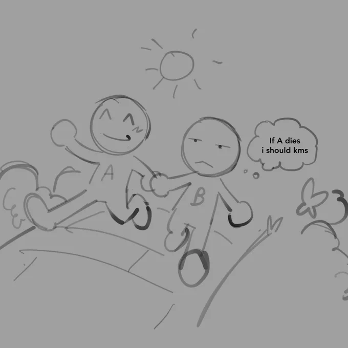 Two characters one cheerfully smirking marked with the letter, a, and the other with a cat like indifferent expression marked as the letter B, they are walking on a sunny road with butterflies, the dialogue from character B reads, if “a” dies is should kms. , end ID