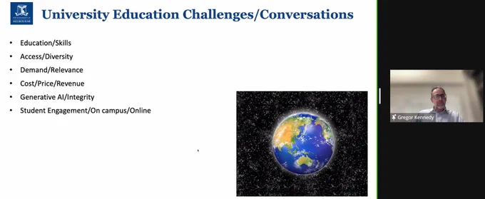 University education challenges & conversations: education & skills; access & diversity; demand & relevance; cost, price & revenue; generative AI & integrity; student engagement on campus & online.