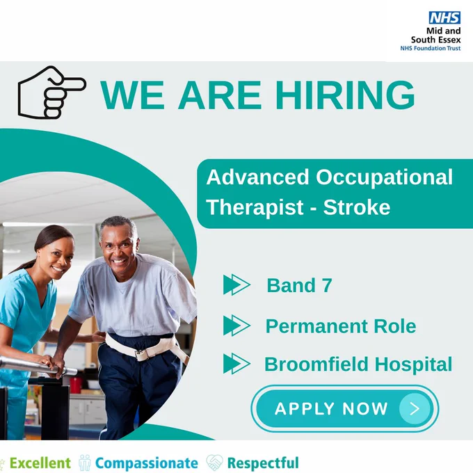 Poster advertising Advanced Occupational Therapist role with MSE.  To the left of the poster, Image of a therapist supporting a patient to walk
