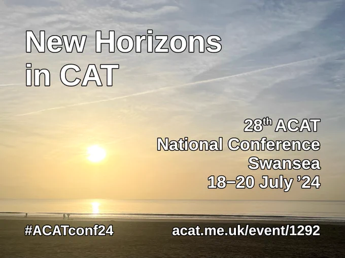 Beach and water horizon with sun low in the sky and a slightly cloudy blue sky above, plus a few figures on the Swansea shoreline - with details of ACAT's annual conference added