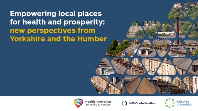 Empowering local places for health and prosperity white paper blue front cover with a picture of Yorkshire in the background
