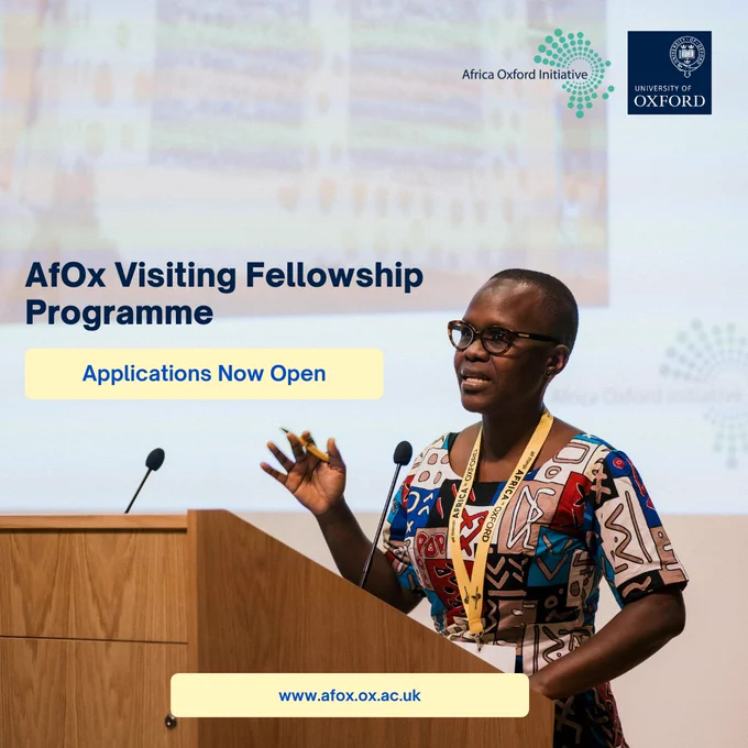 The image is an advertisement for the AfOx Visiting Fellowship Programme, showing a woman presenting at a lectern with the announcement "Applications Now Open" and the website "www.afox.ox.ac.uk". University of Oxford and Africa Oxford Initiative logos are included.