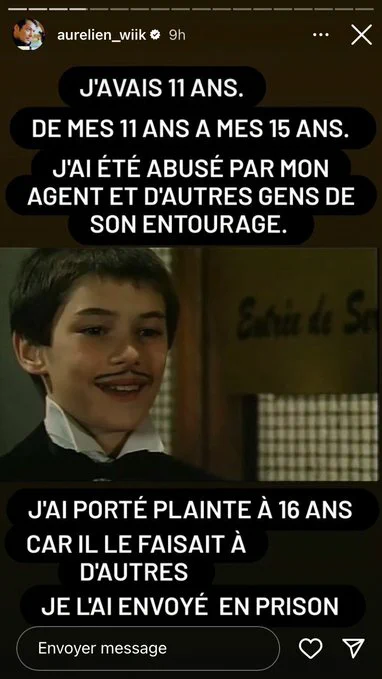 Post Instagram du compte de l'acteur Aurelien Wiik révélant qu'il a été abusé par son agent et d'autres personnes de ses 11 ans à ses 15 ans, et porté plainte 