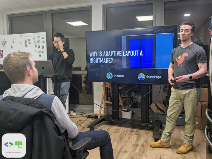 David Ta et Gérard Paligot présentent leur talk "Why is adaptive layout a nightmare?"  au meetup GDG Nantes Android chez Ippon Technologies.