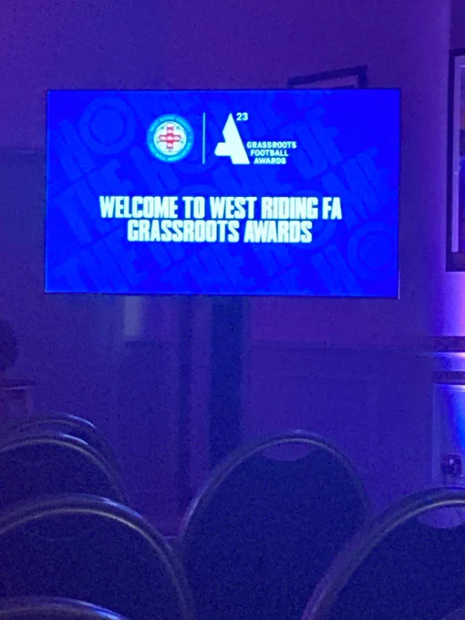 A screen that says ‘Welcome to West Riding FA Grassroots Awards’
