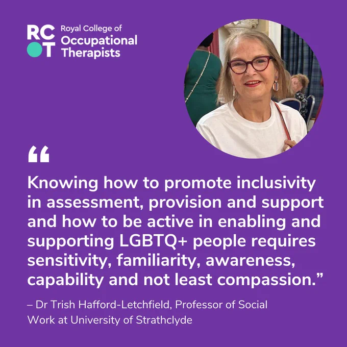 Text reads 'Knowing how to promote inclusivity in assessment, provision and support and how to be active in enabling and supporting LGBTQ  people requires sensitivity, familiarity, awareness, capability and not least compassion.'

Dr Trish Hafford-Letchfield is shown in a photograph in the top right. 